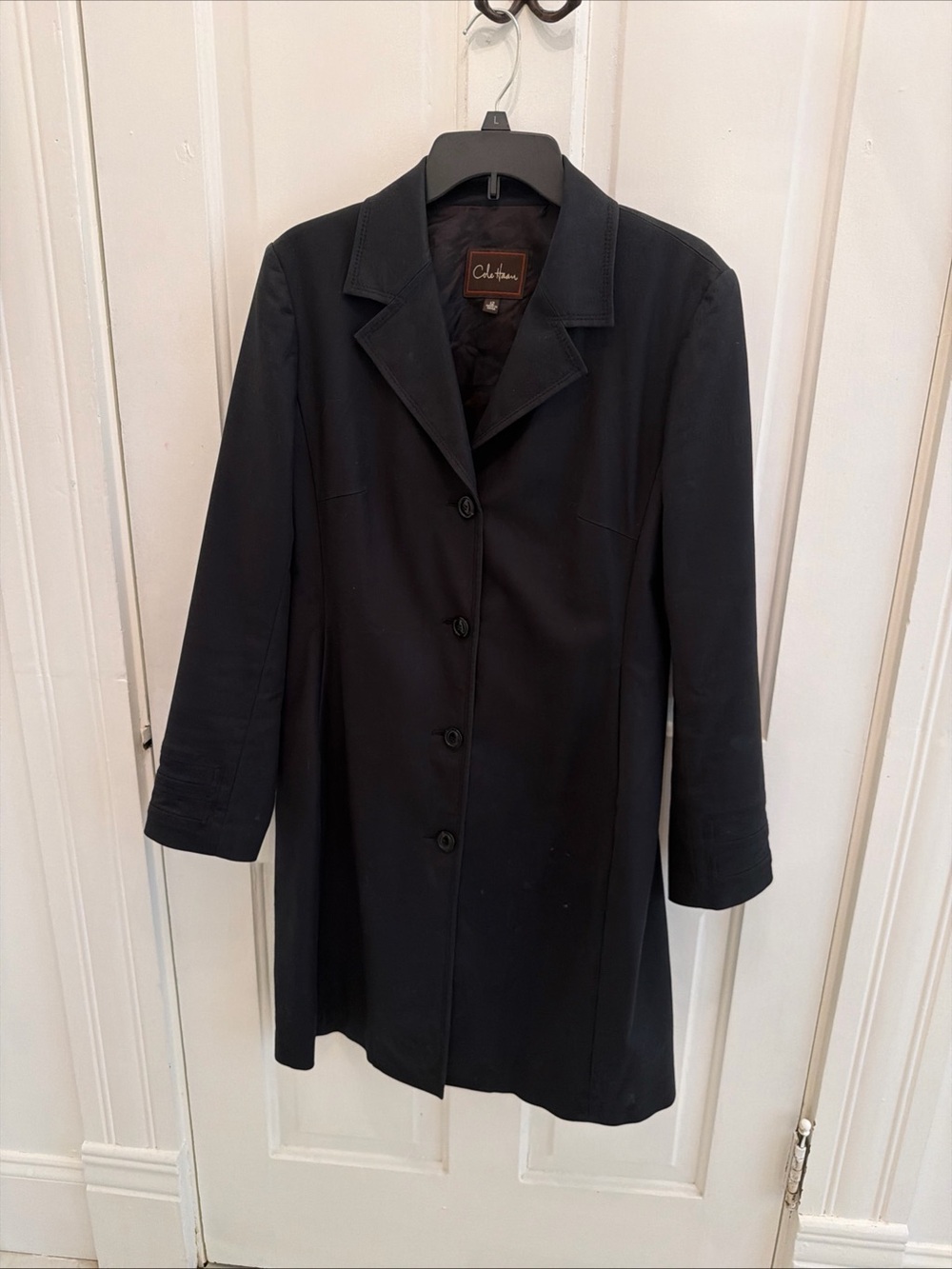 Cole Haan Women's Black Long Trench Coat Collared Button Closure Pockets Size 12